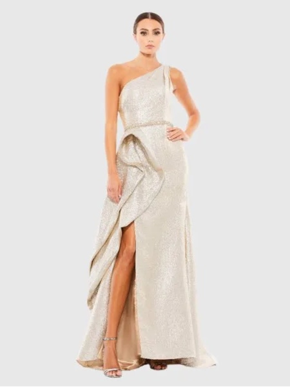 MAC DUGGAL Oyster Gold One Shoulder Ruffled Rhinestone Gown